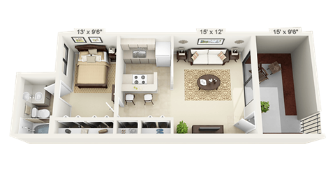 Floor plan for 1 bed, 1 bath, 570 sqft